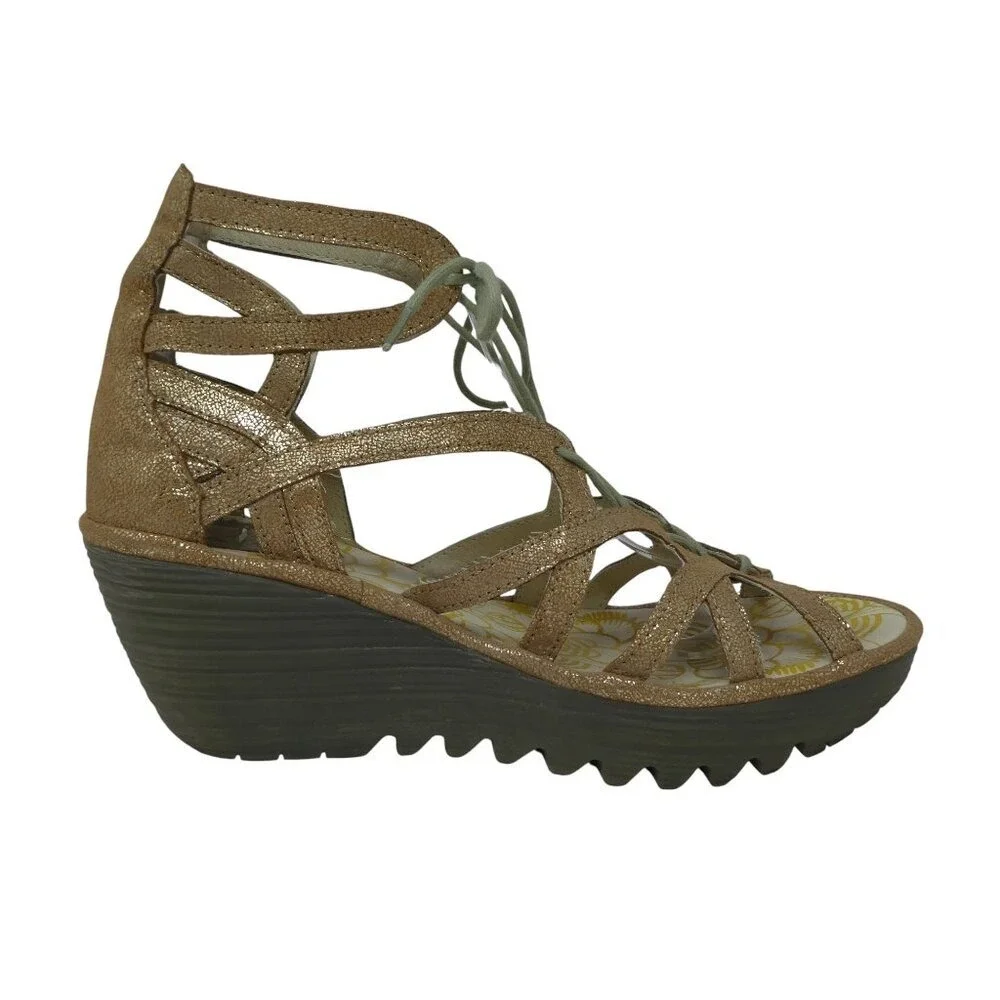 Fly London Yuke Wedge Sandals Women 38 Gold Metallic Lace Up Gladiator